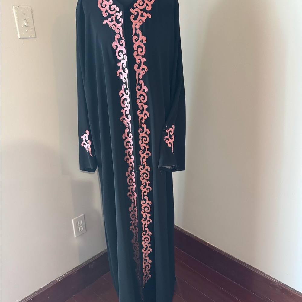 Elegant Black and Pink Embroidered Long Dress# abaya